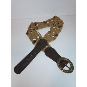 Landes Vintage Macrame Wood Bead Belt Brown Italian Leather Brass Buckle Large